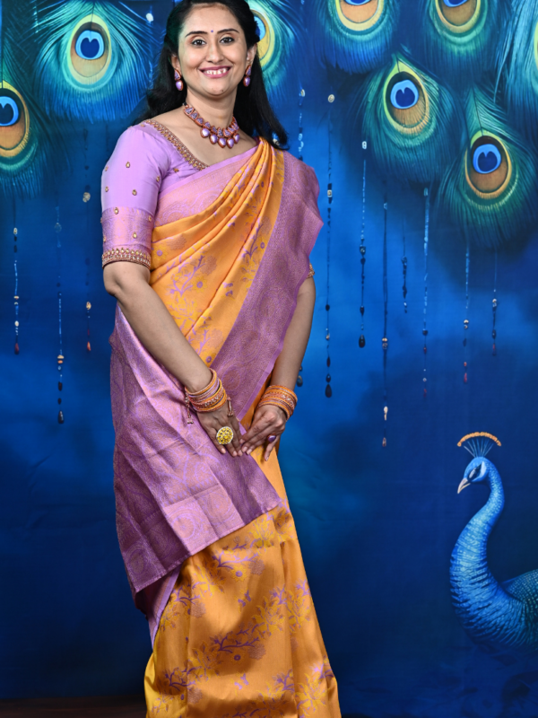 Meenakari weaving with contrast plain blouse with border